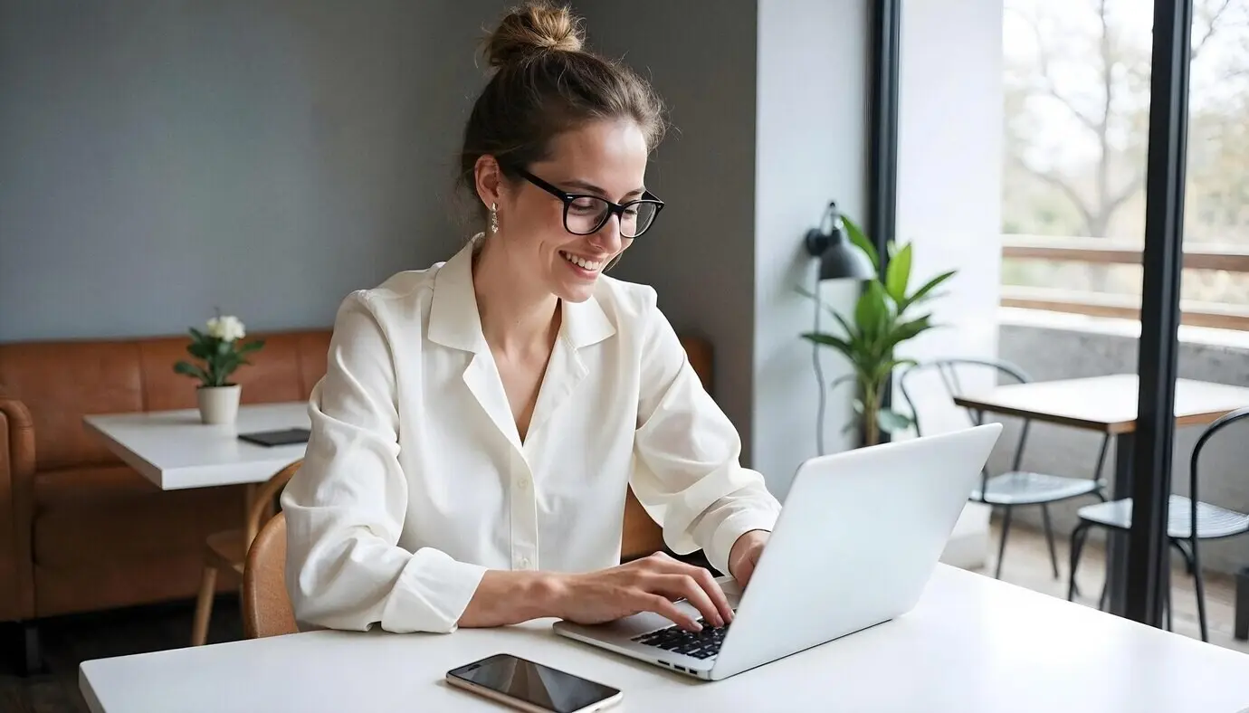 Berufstätige Frau tippt an ihrem Laptop in einem modernen und entspannenden Arbeitsbereich.